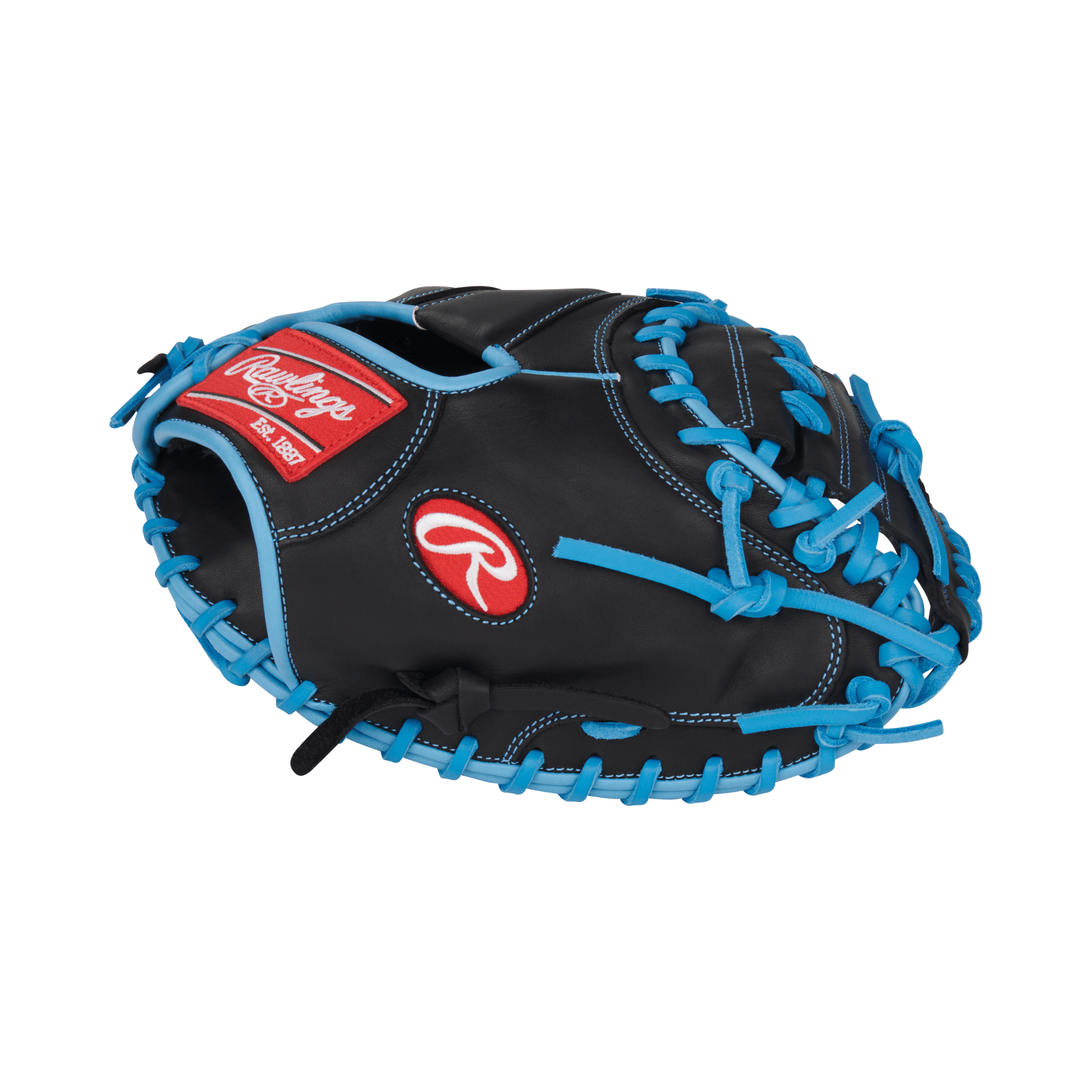 Rawlings R9 Series 32.5" catcher's mitt in black and color blue, designed for performance and durability.