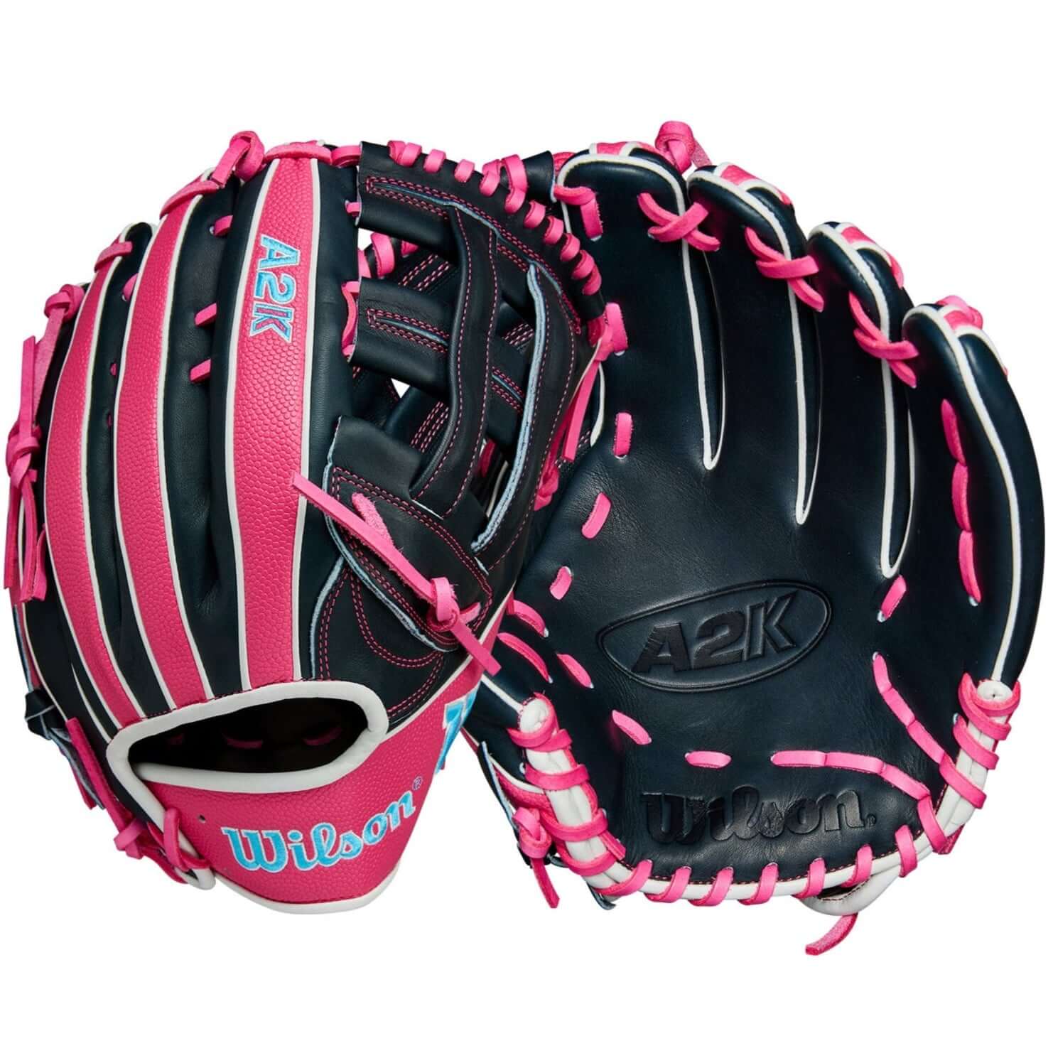 Back and palm view of Wilson A2K 1750 12.5'' Outfield Glove with Navy Pro Stock® Select leather and Flamingo SuperSkin™.