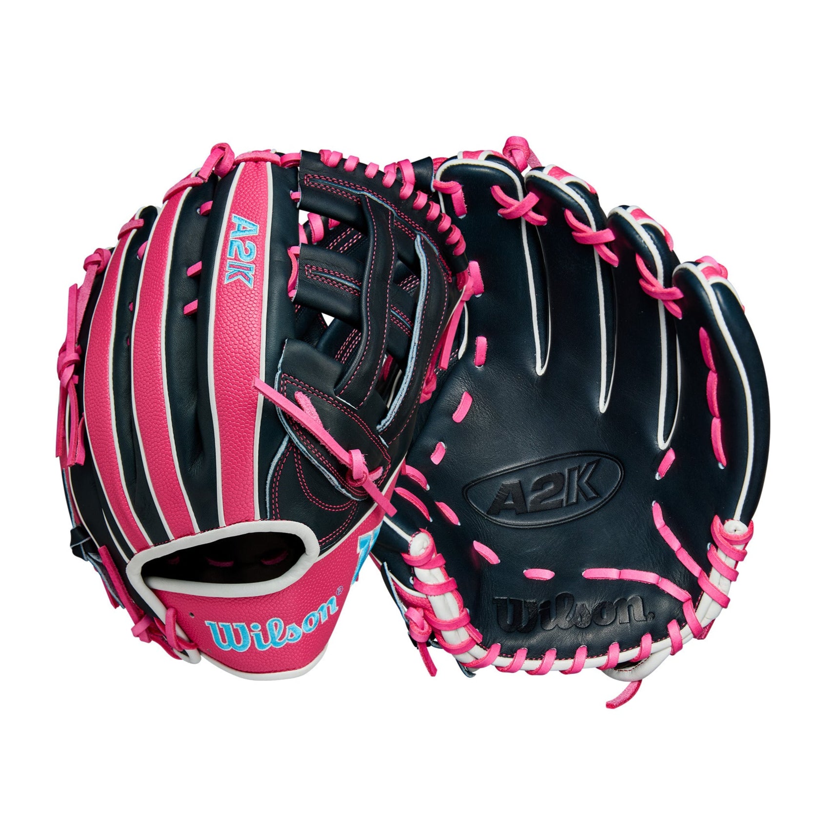 Back and palm view of Wilson A2K 1750 12.5'' Outfield Glove with Navy Pro Stock® Select leather and Flamingo SuperSkin™.