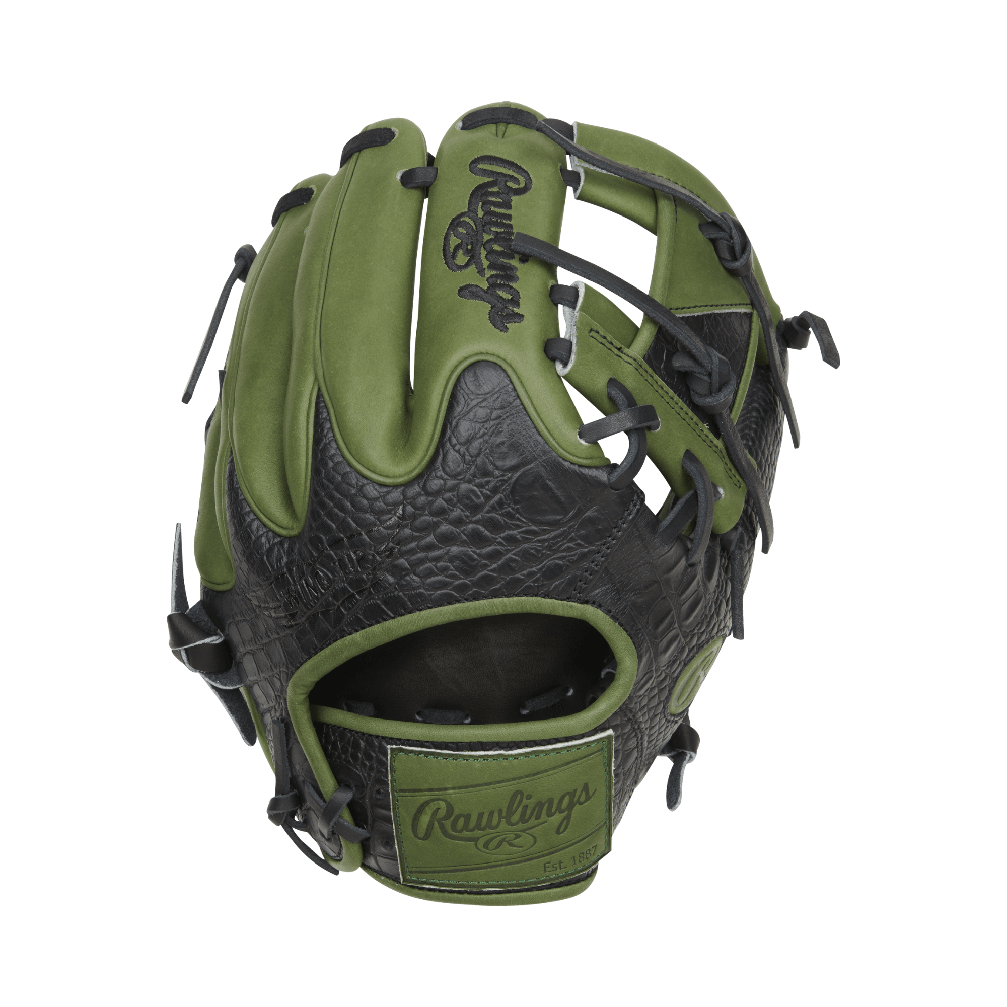 Rawlings Heart of the Hide Color Sync 8.0 baseball glove in military green and black croc-embossed leather, 11.5" RHT.