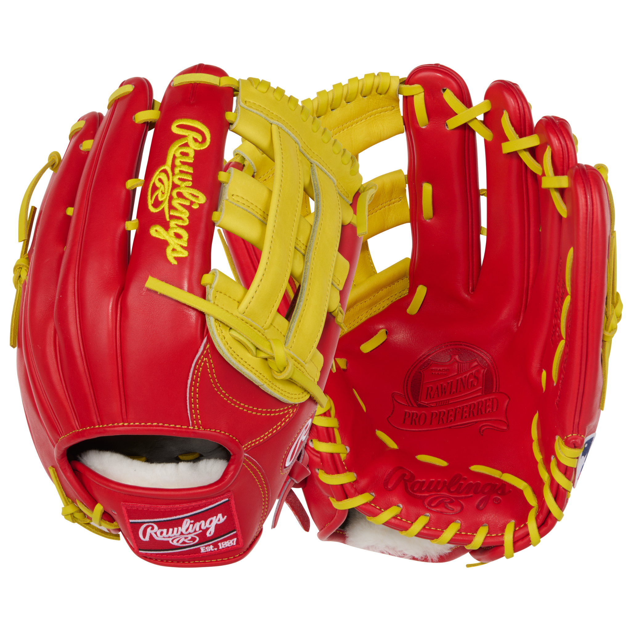 Rawlings Pro Preferred 12.75" Scarlet/Yellow outfield glove front and back view with 303 pattern and Pro H™ web in premium kip leather