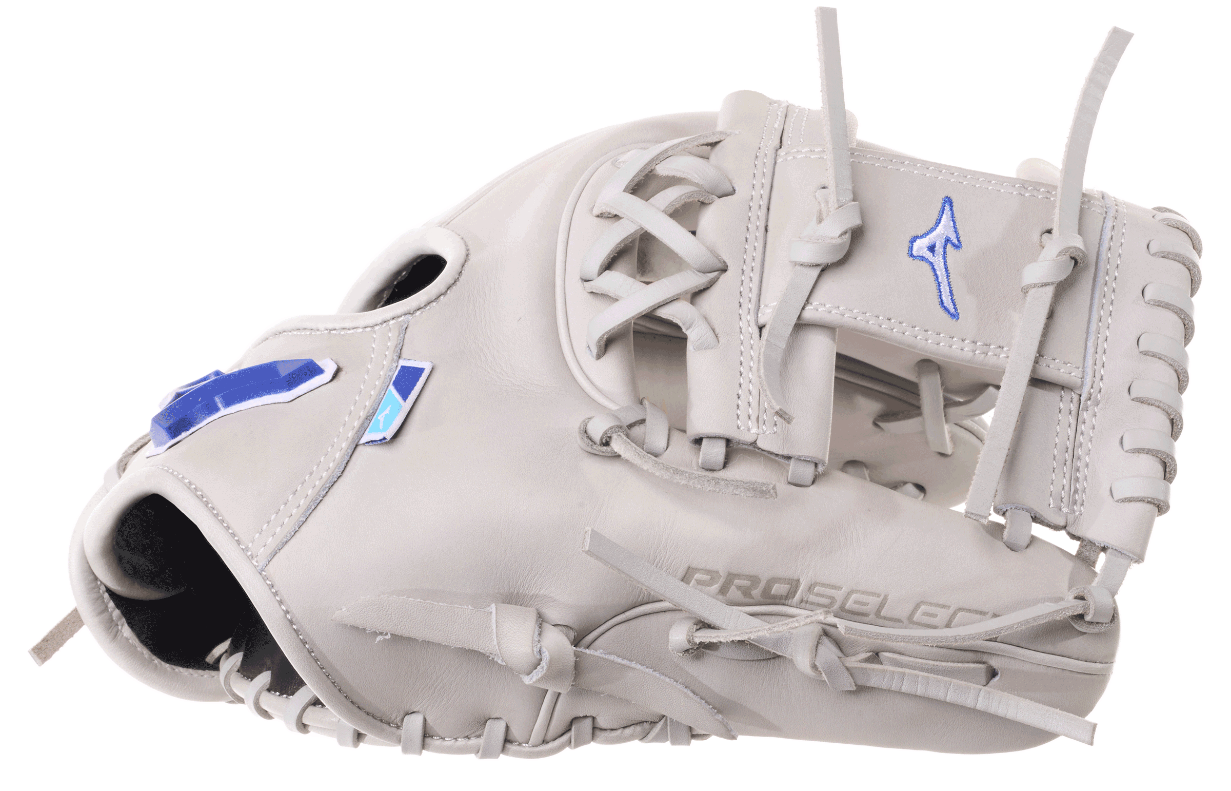 Side view of Mizuno 120th Anniversary Pro Select 11.5" Baseball Glove in grey with H-web and blue logo detail.