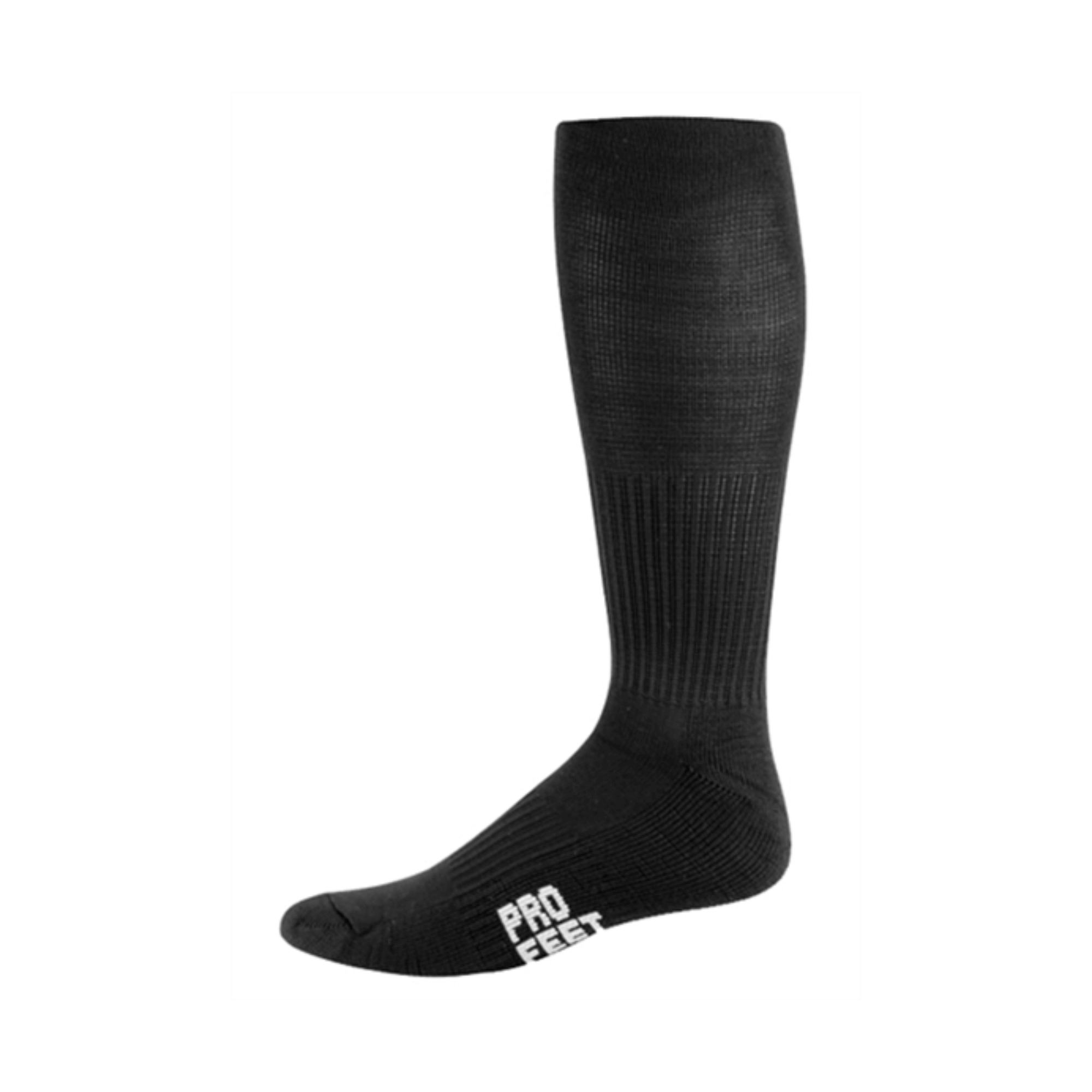 Black Pro Feet Performance Over-the-Calf 7-9 sock side view with ribbed texture and logo near toe.