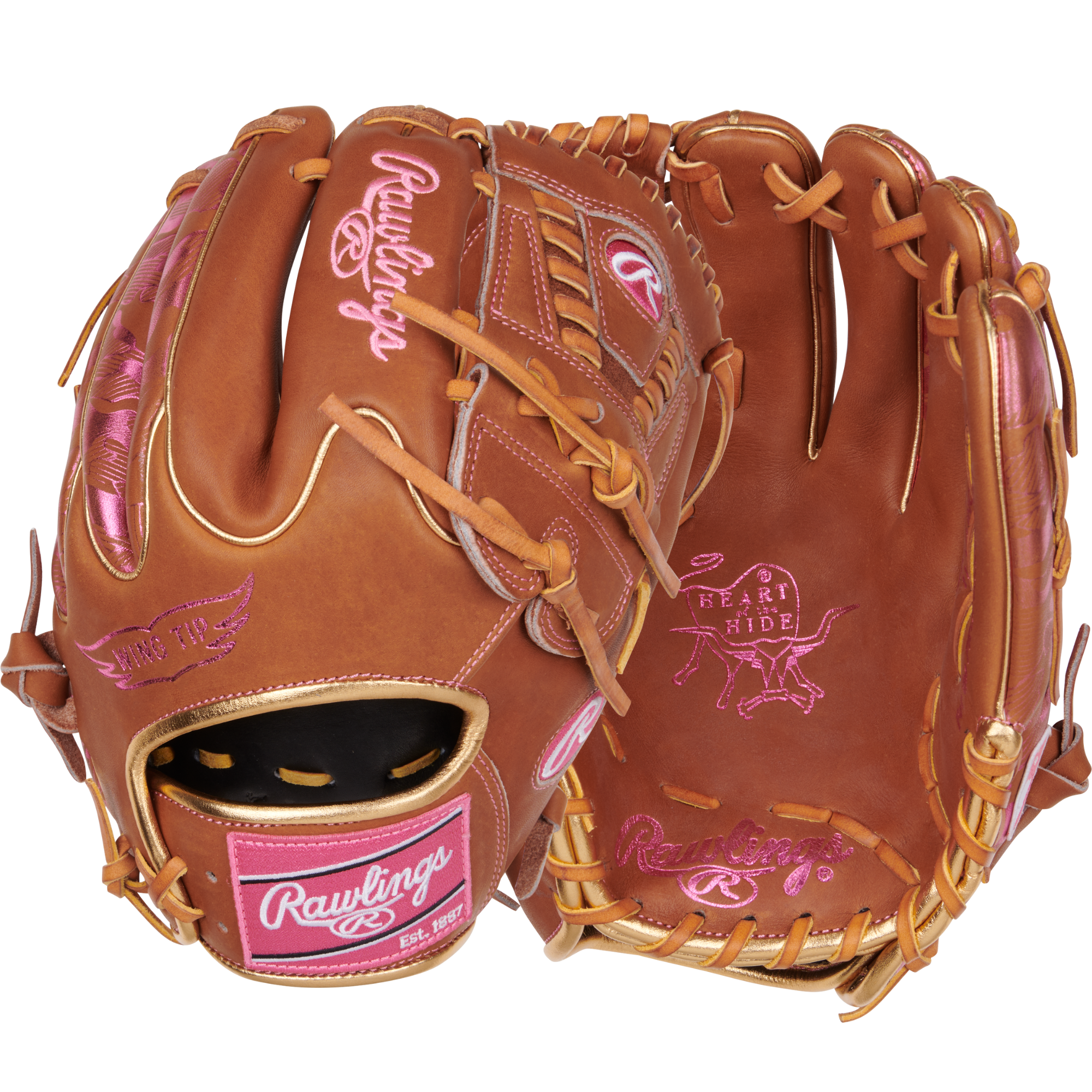 Back and palm view of Rawlings 11.75'' Colorsync Utility Glove in golden-brown with gold and pink accents