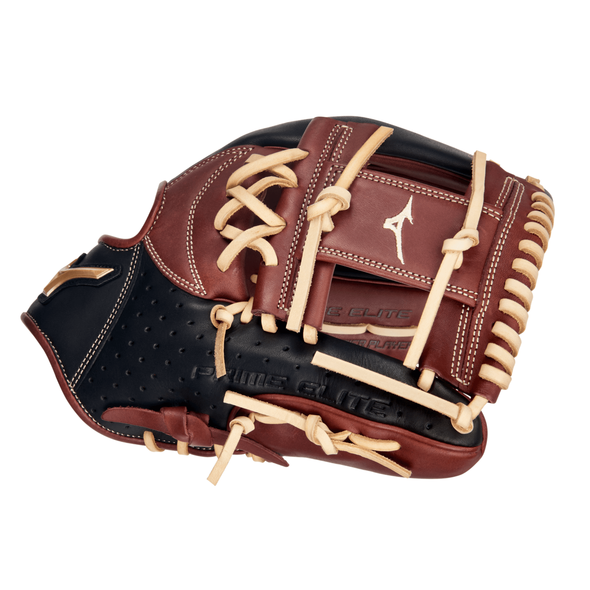 Mizuno Prime Elite 11.75" infield baseball glove, black-brown leather with perforated design and tan lacing.