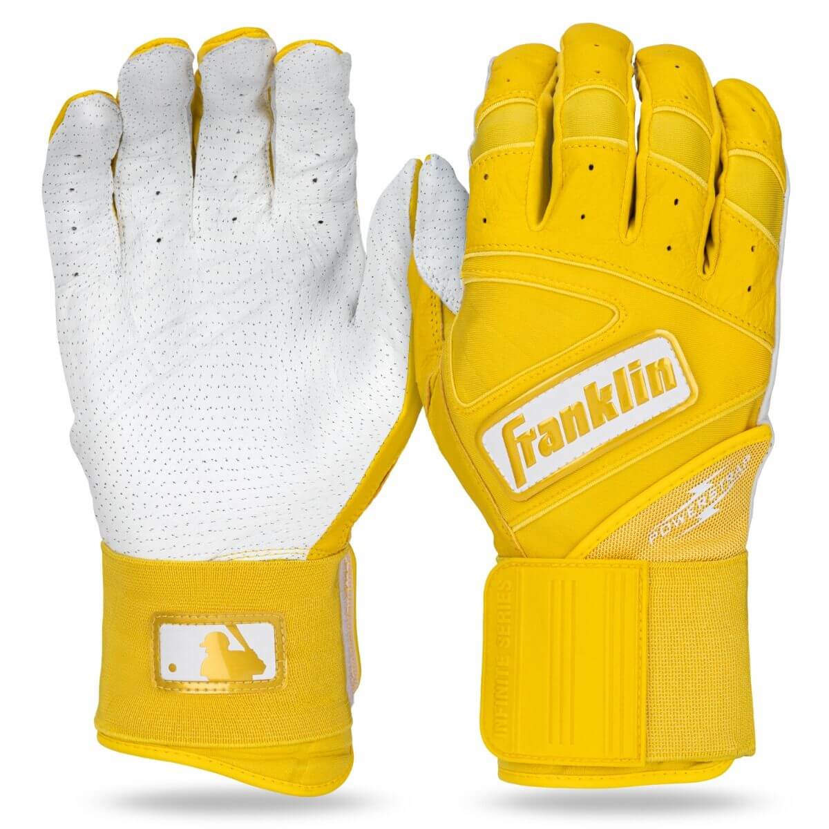 Franklin PowerStrap Infinite Series Adult Yellow batting gloves showcasing grip and durability.