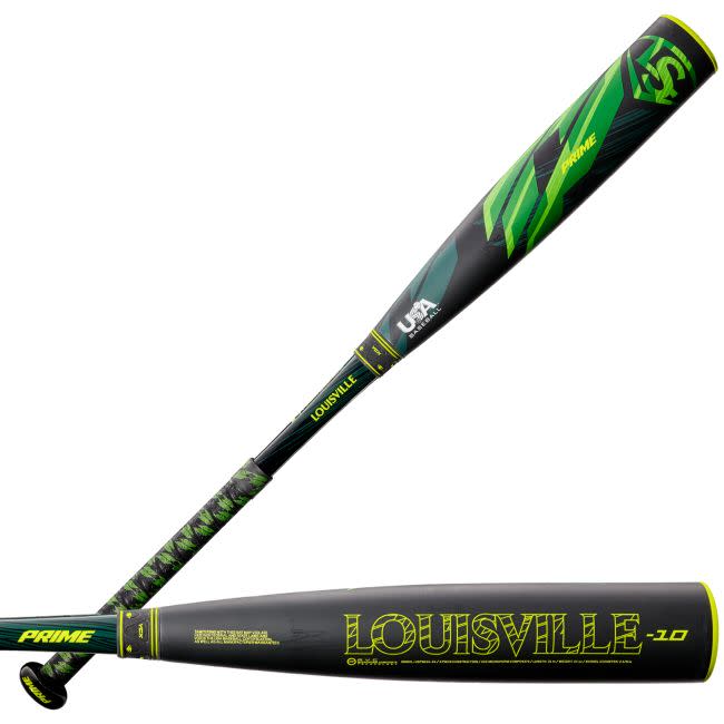 Side profile view of Louisville PRIME (-10) 2 5/8 USA bat with black barrel and green graphics.