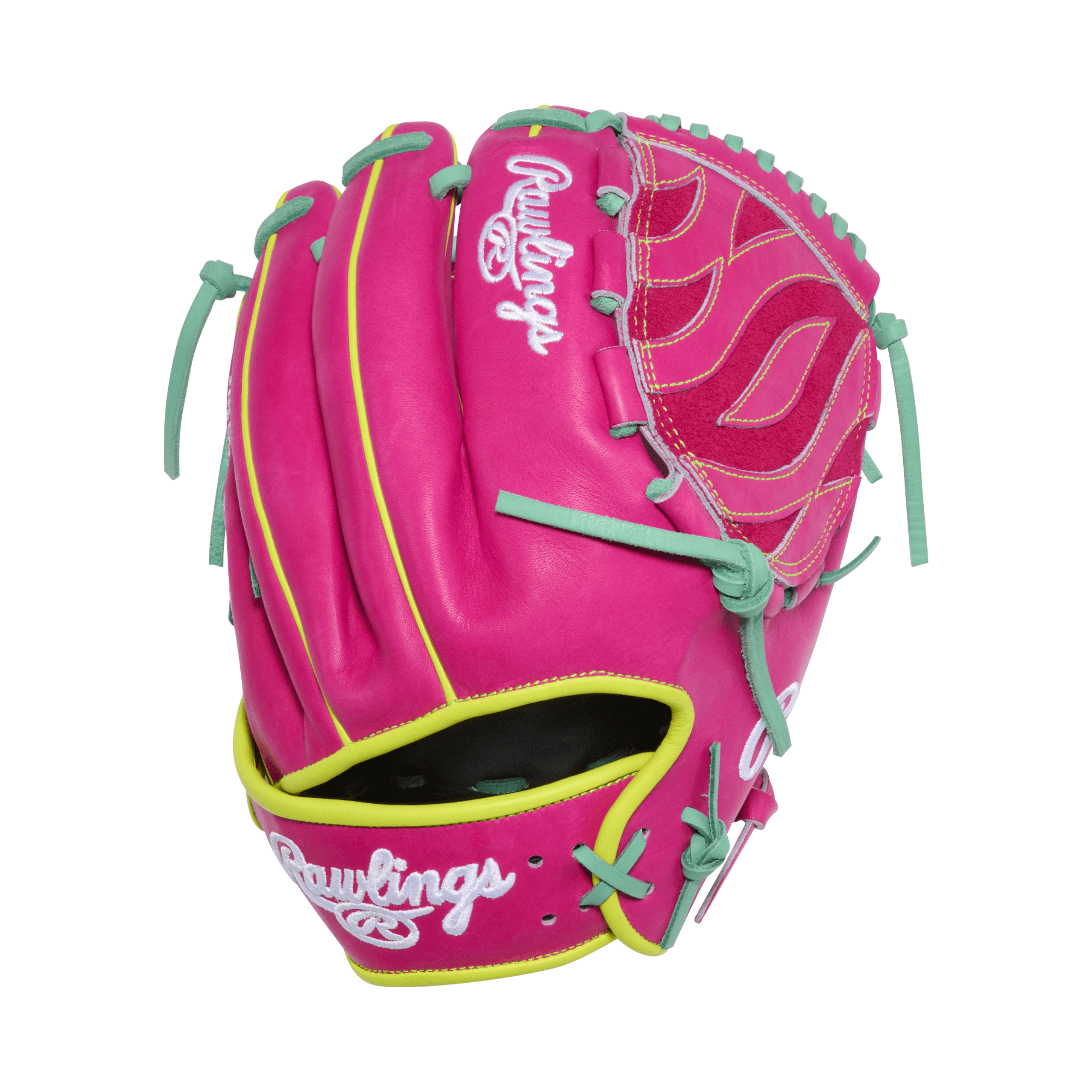 Back view of Rawlings Heart of the Hide 12 inch utility baseball glove with script logos