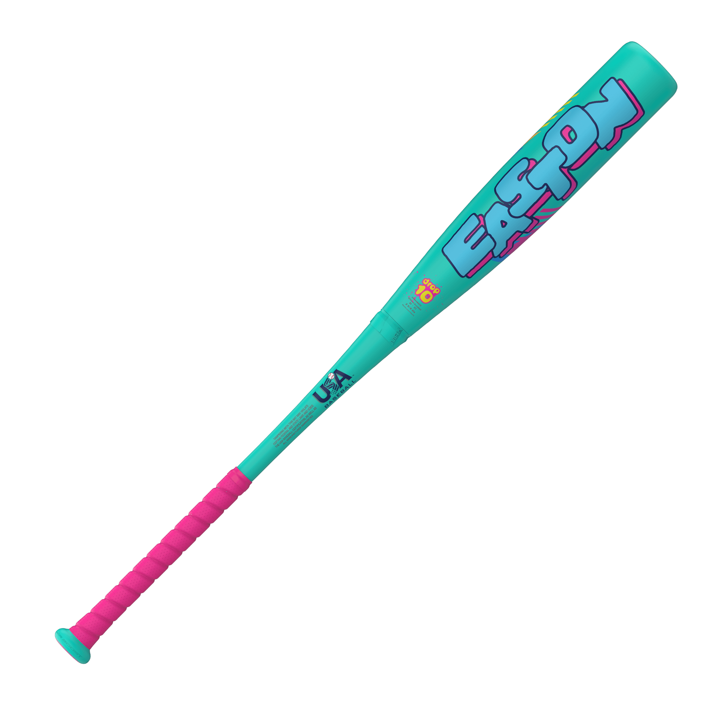 Easton Hype Fire USA (-10) Baseball Bat side profile view, turquoise with pink grip, USA certification visible.
