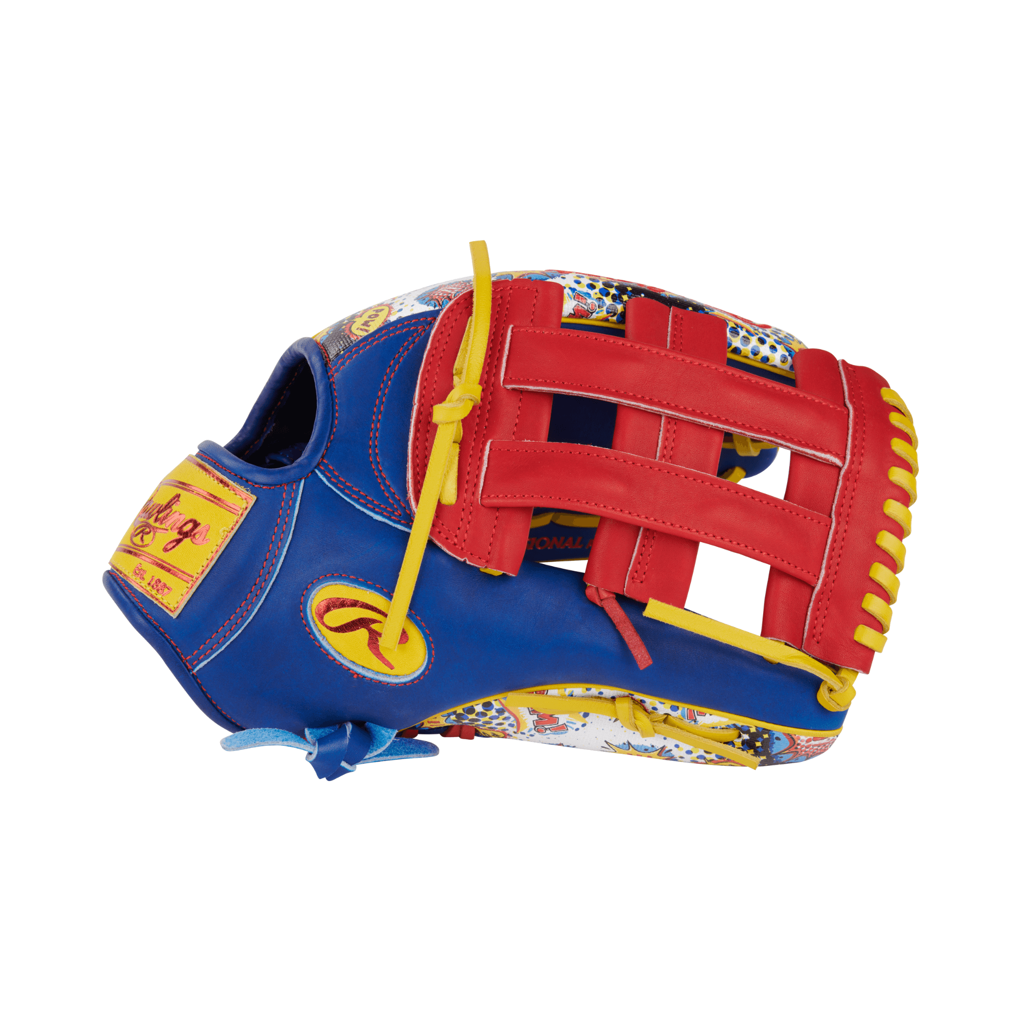 Close-up of the left side and thumb of the Rawlings 12.75'' Comic Glove featuring detailed comic graphics and strong structural support.