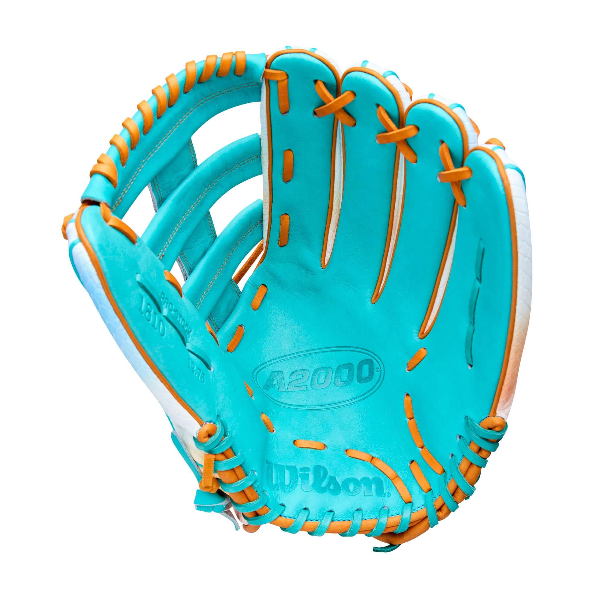 Wilson A2000 1810 Northern Lights 12.75" outfield baseball glove in teal and orange, perfect for players.