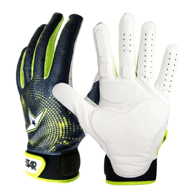All-Star Adult Protective Catcher's Inner Glove, palm and backhand view, white goat skin leather palm and black back with white accents.