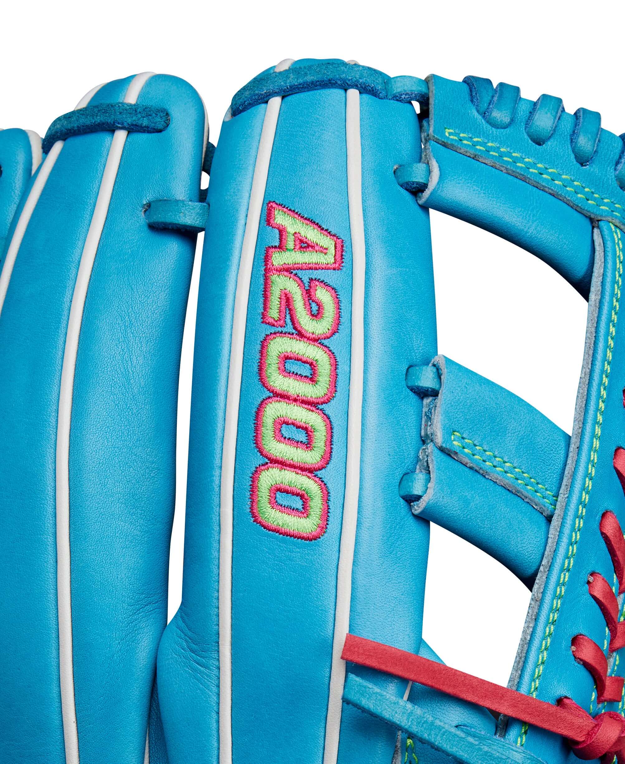 Close-up of Wilson A2000 baseball glove featuring vibrant sky blue leather and colorful stitching details.