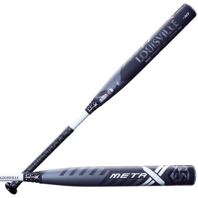 Louisville Slugger Meta (-10) Fastpitch Bat side profile view showing black barrel and grip with visible logo.