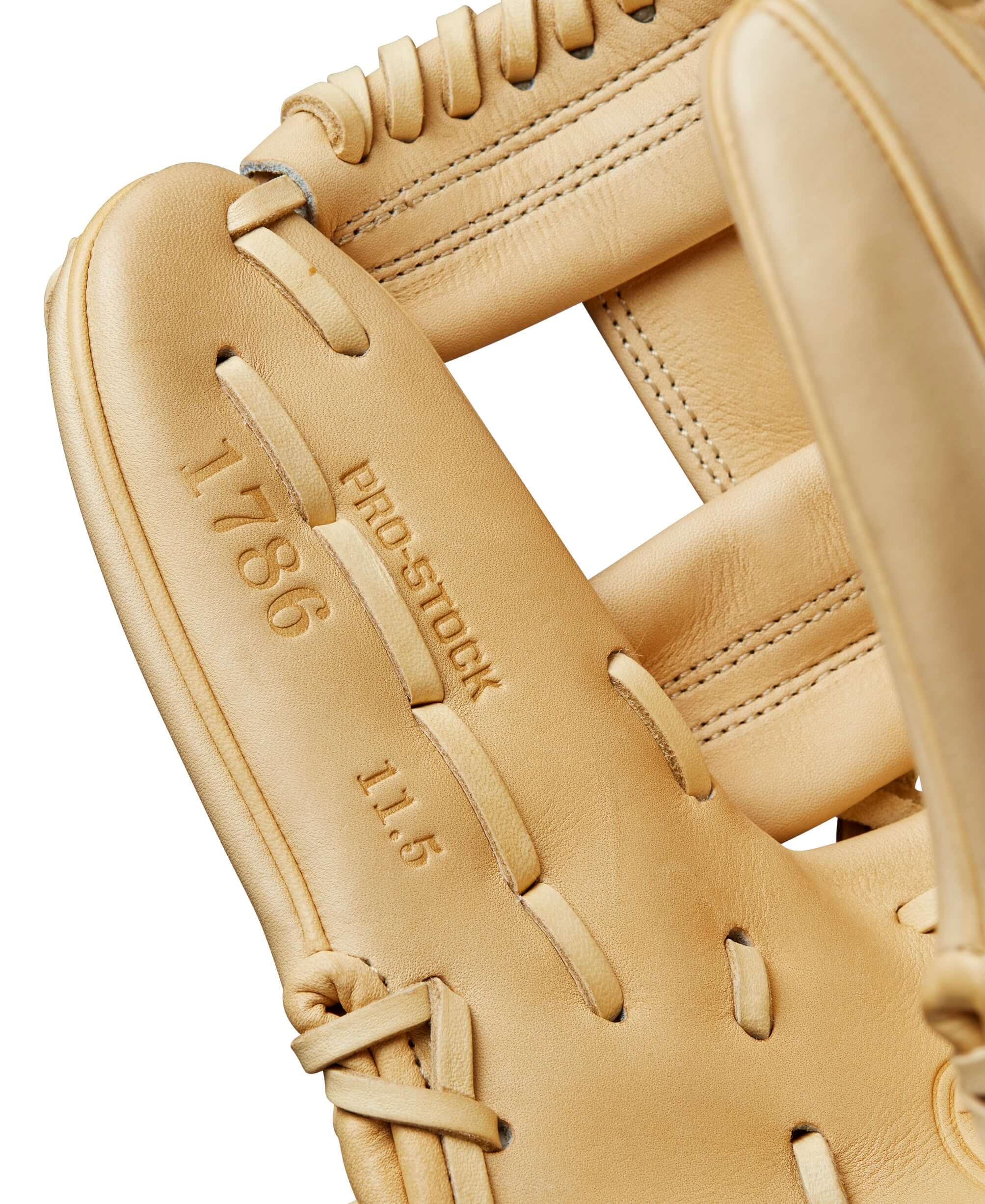 Close-up of Wilson Classics Series A2000 1786 Infield Glove 11.5” showing Pro Stock leather detailing and stitching.