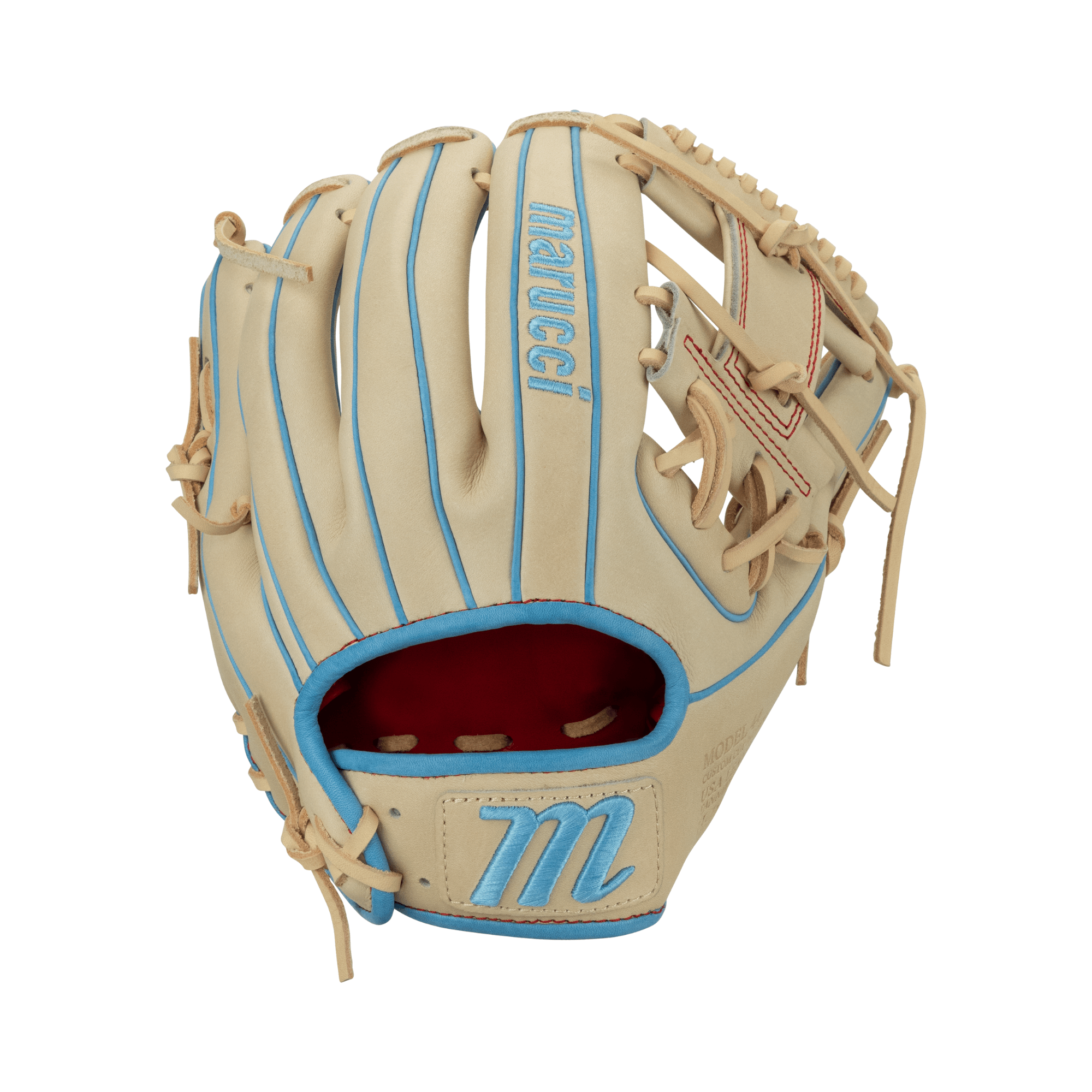 Marucci Capitol M Type 44A2 11.75" glove in camel and blue, featuring premium leather and advanced comfort design.