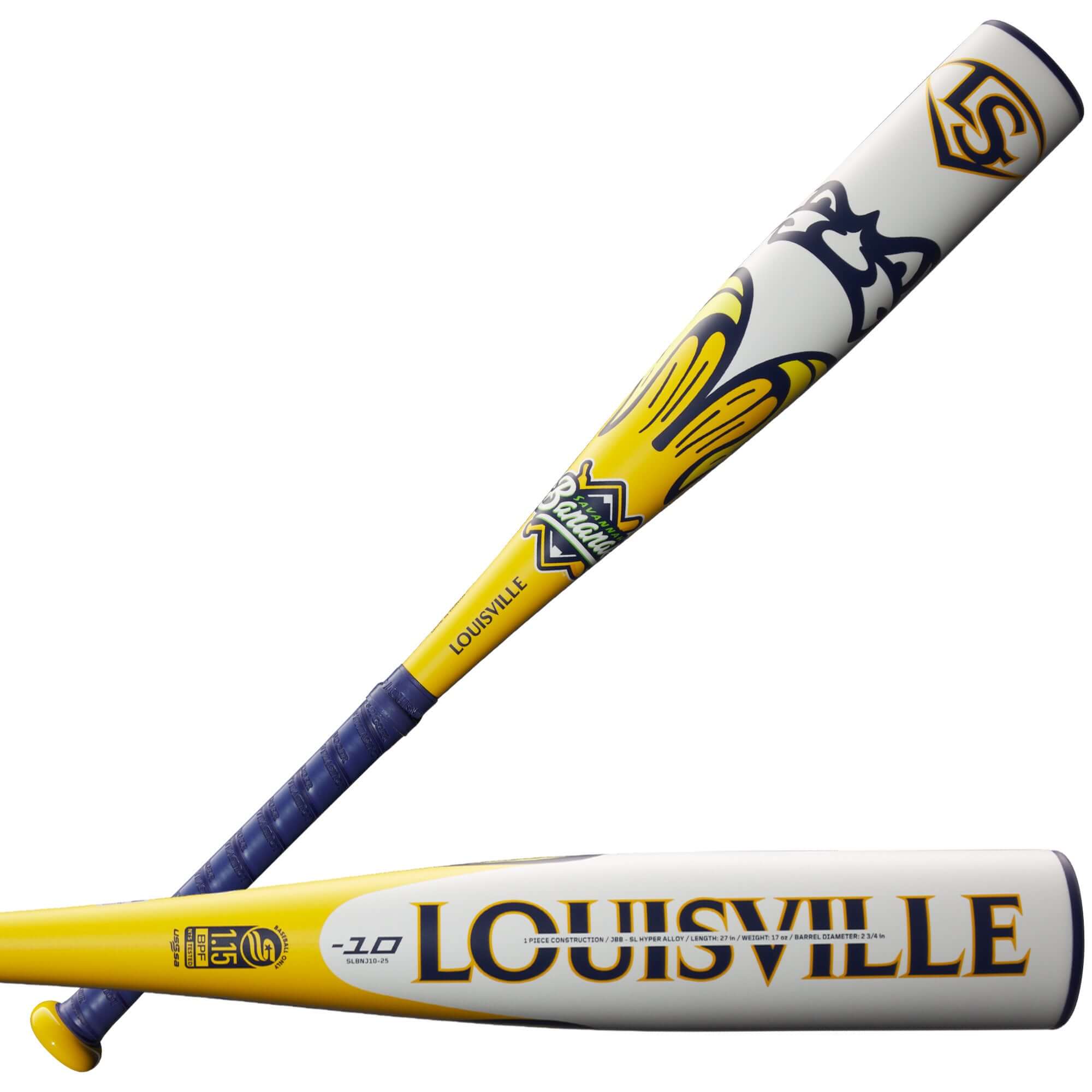 Louisville Slugger Bananas JBB SL 2025 (-10) baseball bat in vibrant yellow and white design with unique graphics.