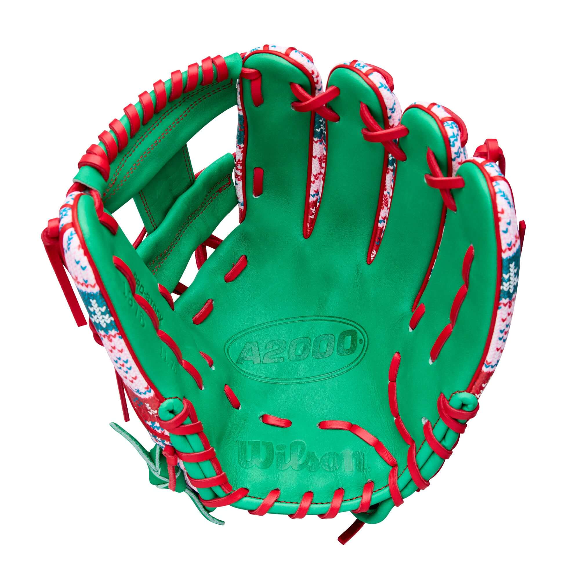 Palm view of Wilson Glove of the Month (GOTM) December 2025 A2000 1975 Christmas 11.75" Baseball Glove showing green leather with A2000 embossing and red stitching.