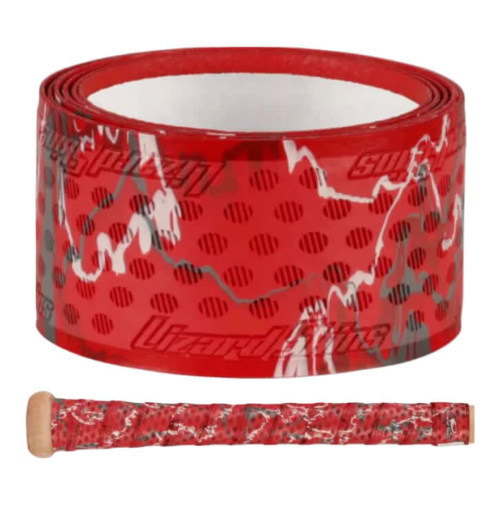 Lizard Skins DSP Ultra Bat Grip - 0.5 mm red camo roll and wrapped bat handle