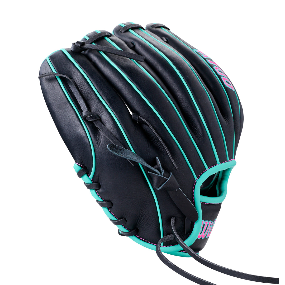 Wilson 2027 A700 11.25” Infield Baseball Glove in black and teal, designed for youth players, featuring full grain leather construction.
