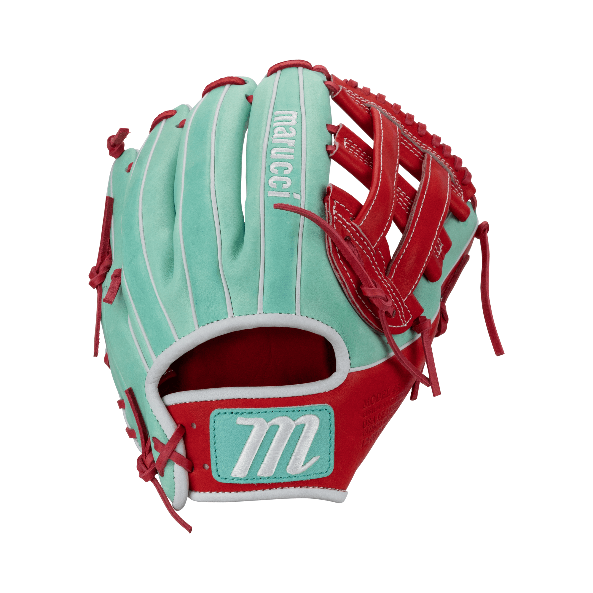 Marucci Capitol M Type 45A3 12" glove in mint green and red, featuring premium leather and enhanced comfort design.