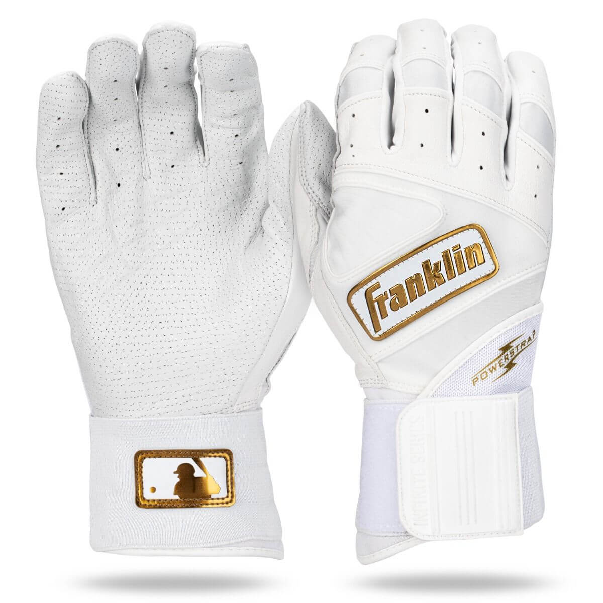 Franklin PowerStrap Infinite Series Youth Batting Gloves in White, featuring premium leather and enhanced grip.