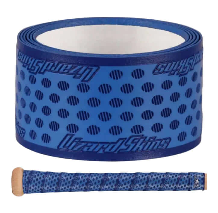Lizard Skins DSP Ultra Bat Grip - 0.5 mm, blue oval pattern with Lizard Skins branding, coiled and laid flat on wooden bat handle.