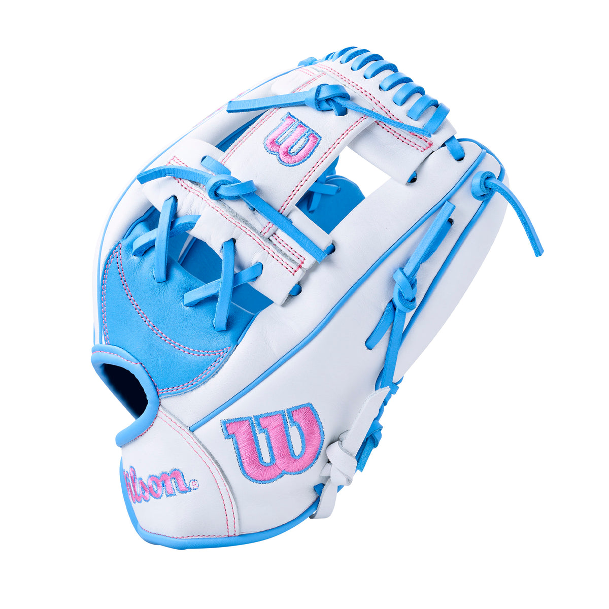 Wilson 2027 A1000 H12 Fastpitch Glove; blue and white softball infield glove with H-Web design for quick ball control.