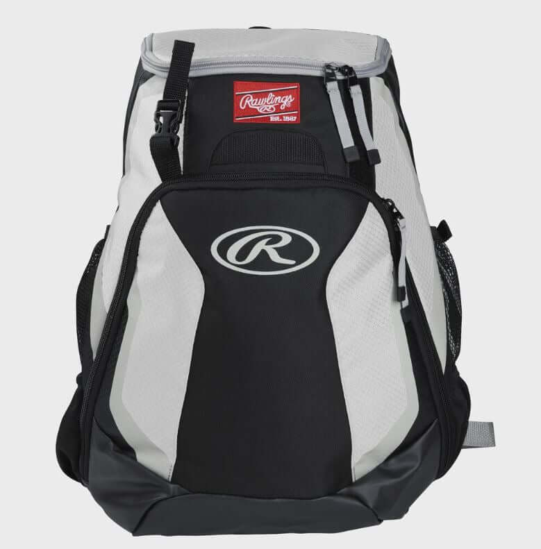 Front view of Rawlings Players Backpack featuring front logo and zippered compartments.