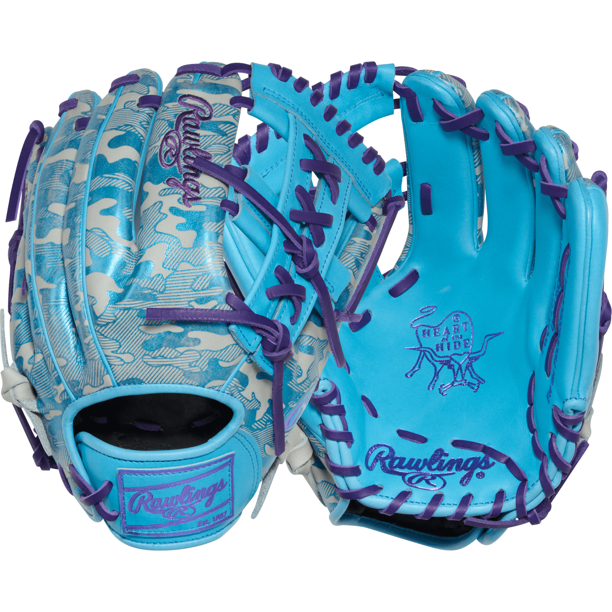 Back and palm view of Rawlings Heart of the Hide 11.75" glove in Columbia blue with metallic purple laces and camo shell design.