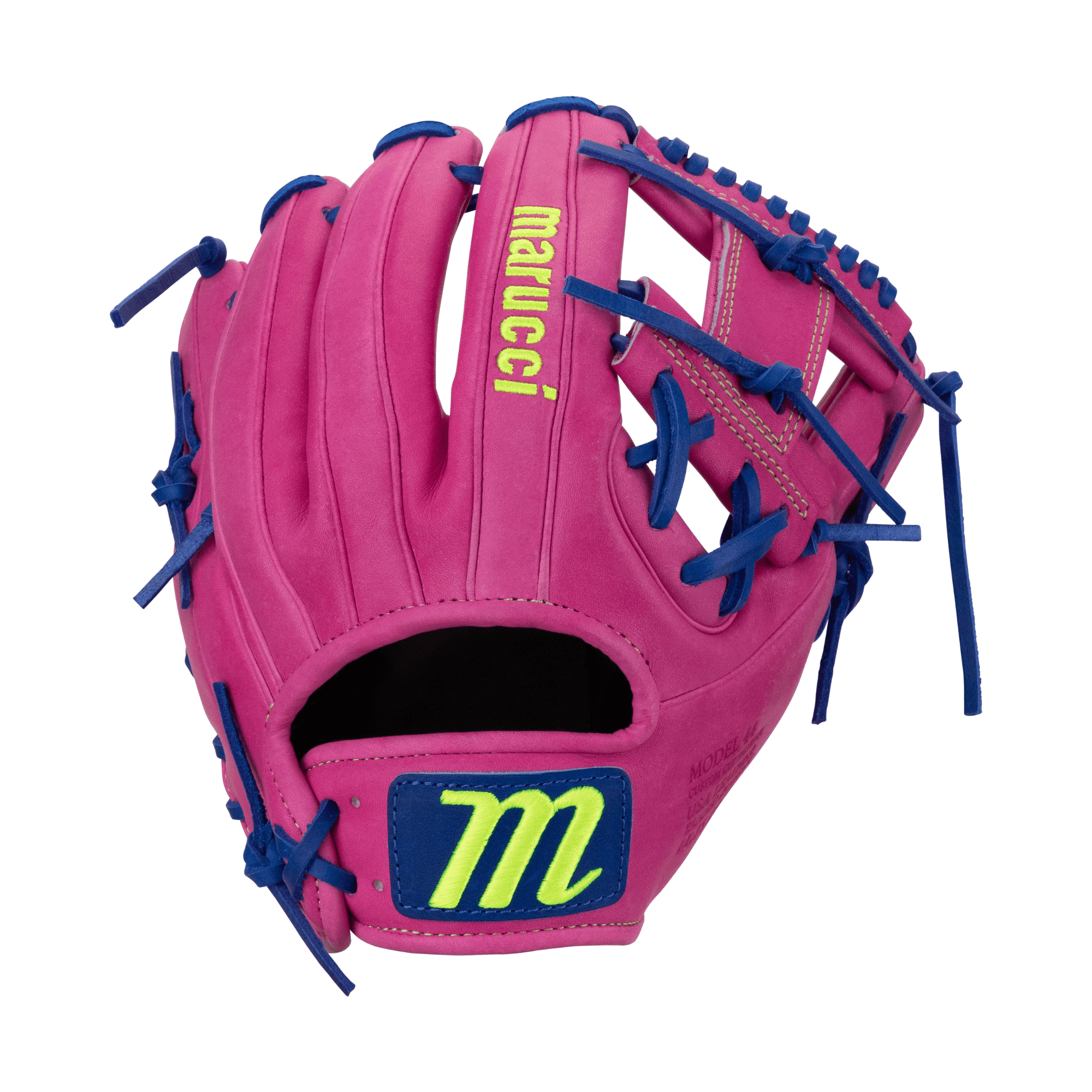 Marucci Cypress M Type 44A2 pink baseball glove with blue laces, designed for comfort and durability.