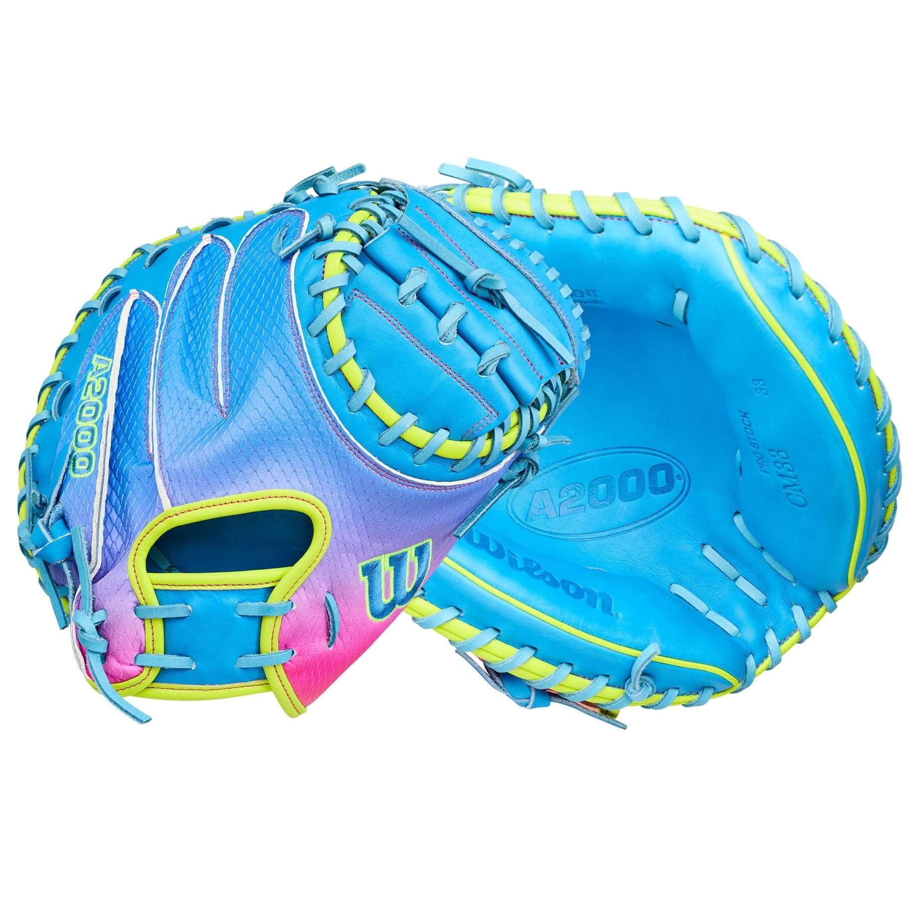Wilson 2026 A2000 Catcher's Mitt in blue and pink, showcasing elite design for baseball catchers. Love the Moment CM33SS model.