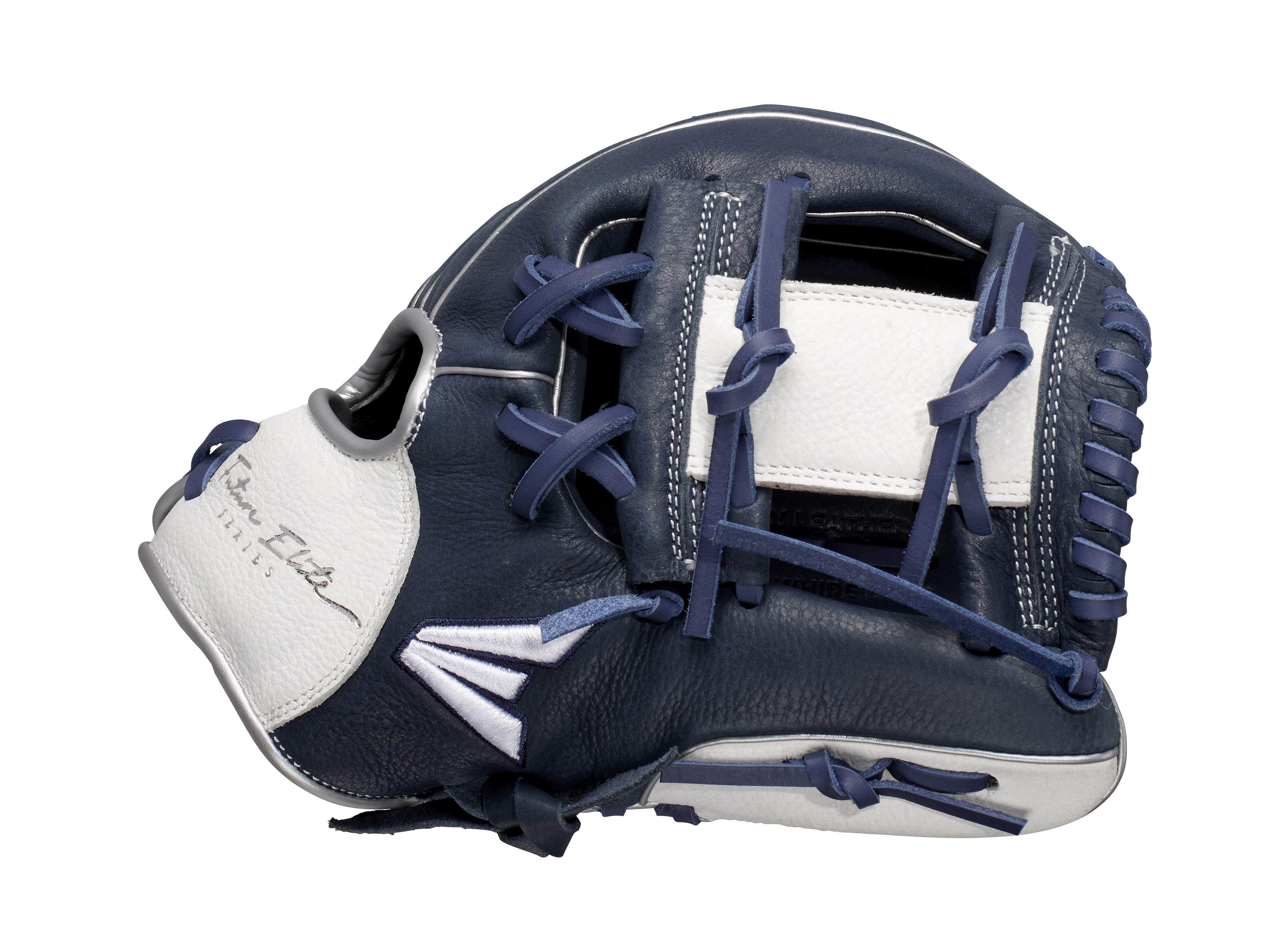 Easton Future Elite 11-Inch Youth Baseball Glove thumb detail showing navy and white leather construction