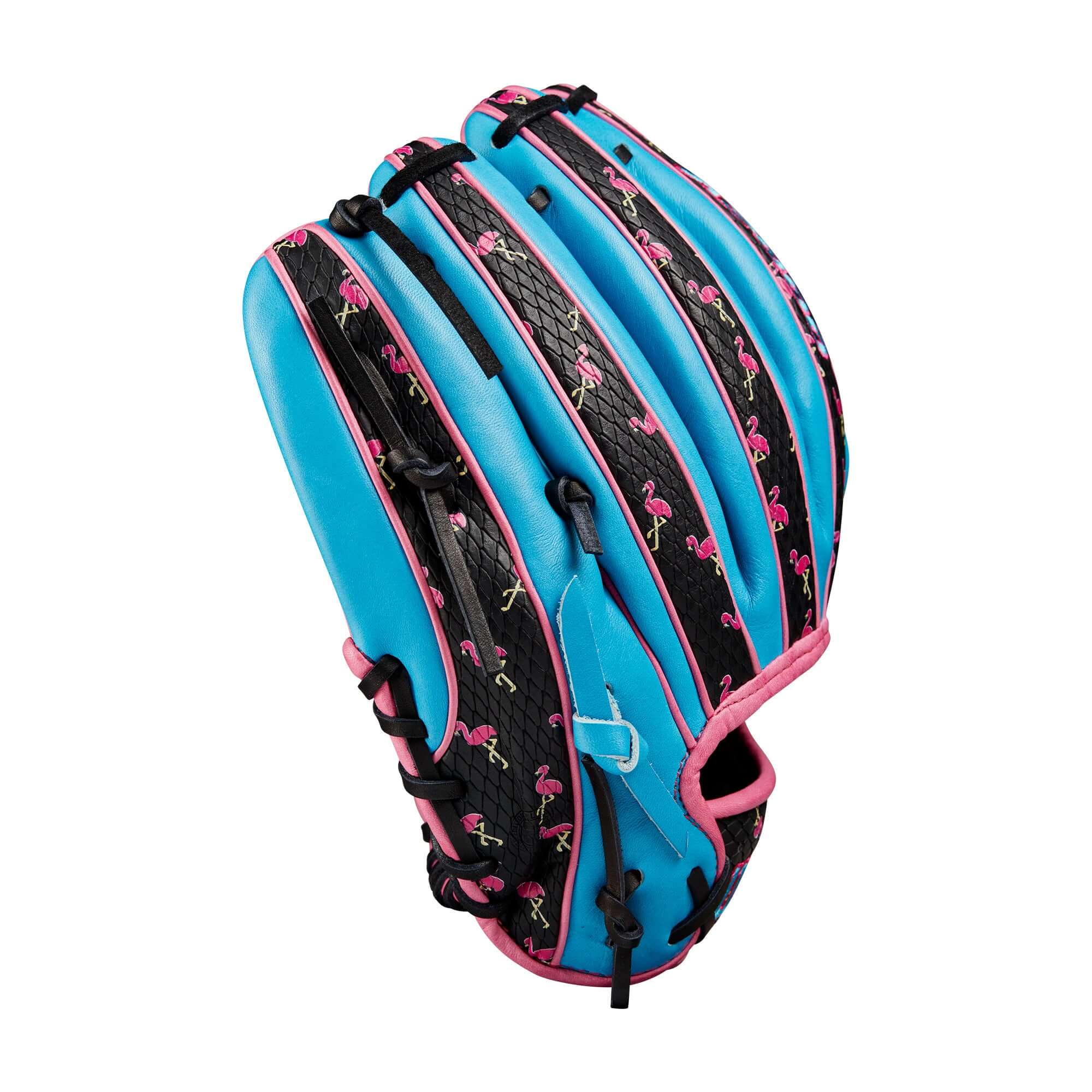 Wilson A2000 1786 March 2024 Glove of the Month, 11.5” Tropical Blue glove with pink Flamingo designs and Black SuperSnakeSkin™.
