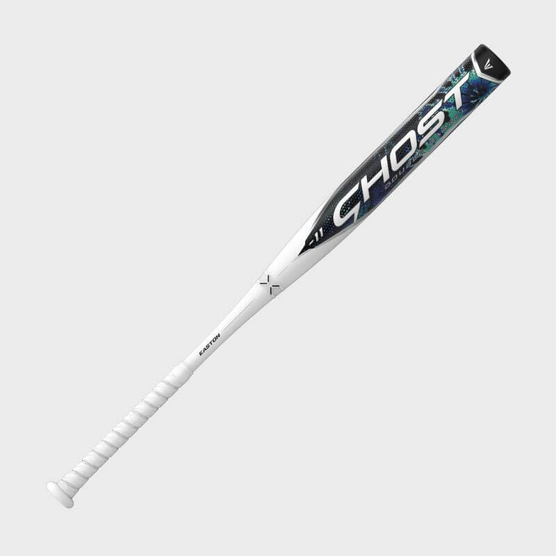 Easton Ghost Tie-Dye Fastpitch -11 bat side profile with white handle and colorful tie-dye barrel design.
