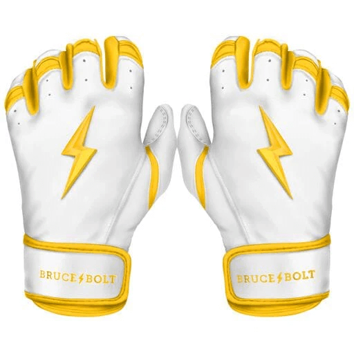 Bruce Bolt Premium Pro Chrome Short Cuff Batting Gloves in yellow and white, featuring a lightning bolt design for enhanced performance.