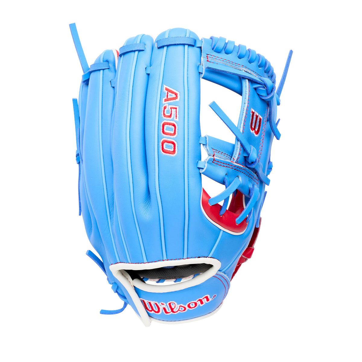 Wilson 2027 A500 11.5 Youth Infield LHT blue baseball glove for kids ages 6-10, designed for left-handed throwers with a lightweight build.