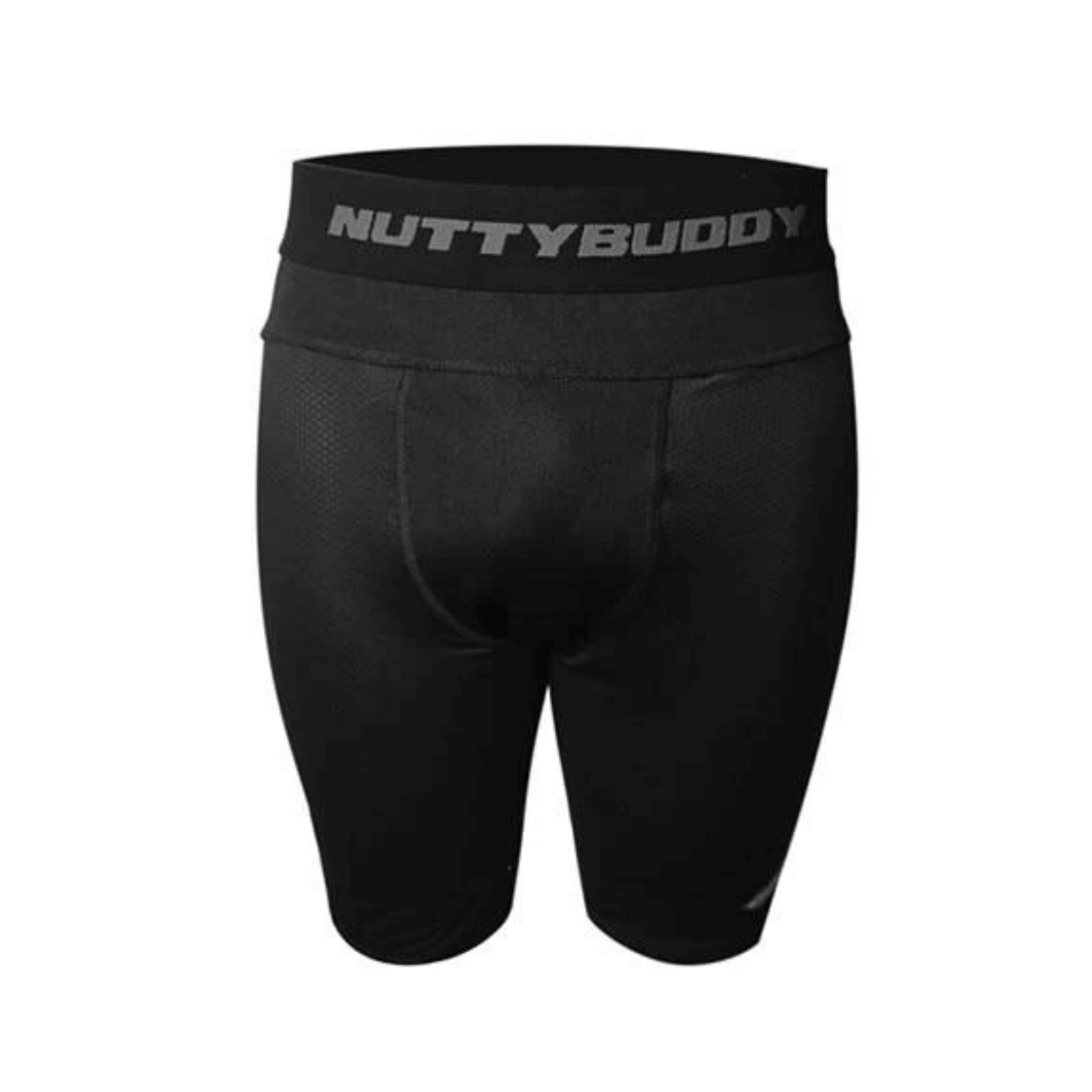 NuttyBuddy black compression shorts featuring supportive rib construction for comfort and protection.