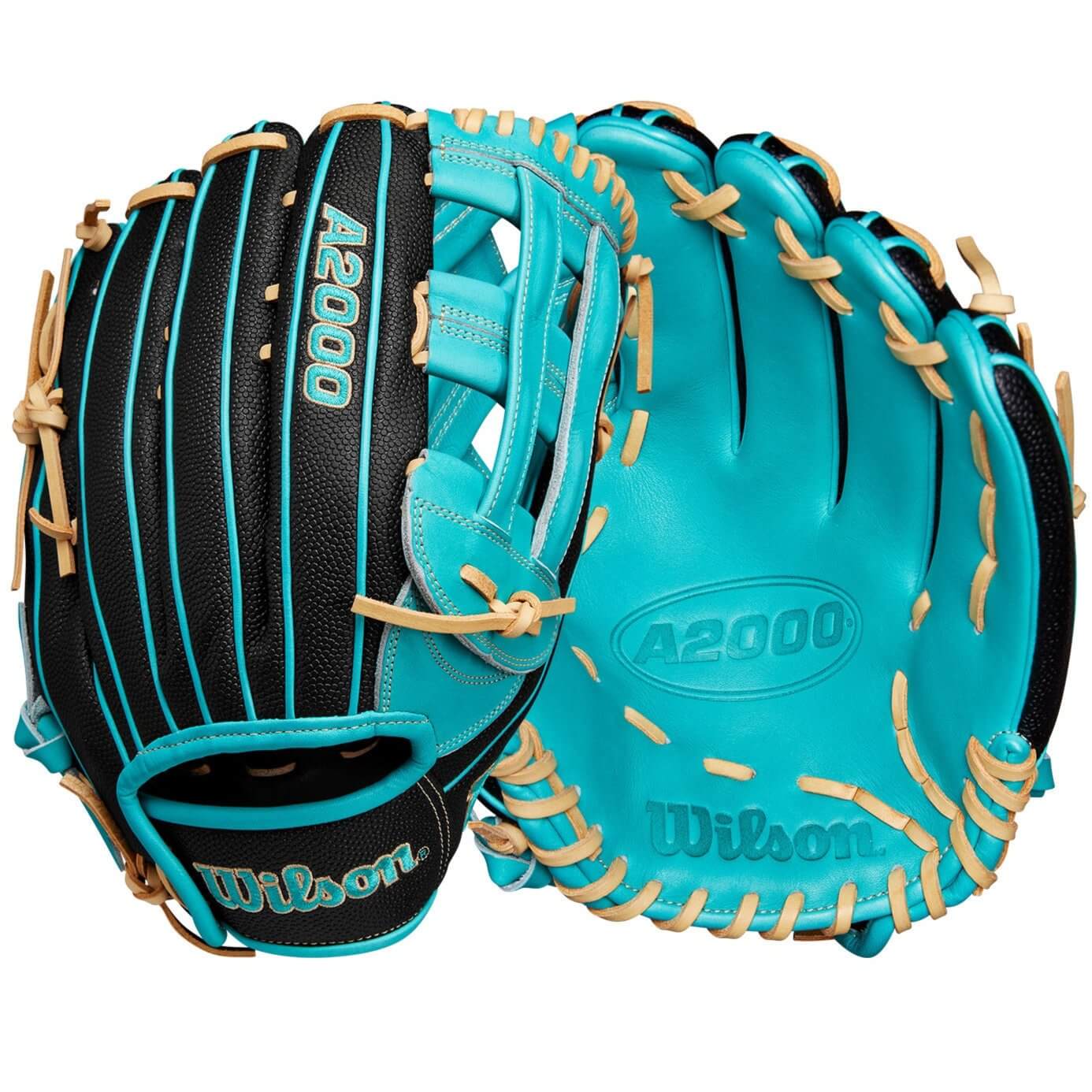 Wilson A2000 PF50SS outfield baseball glove in black and teal, showcasing the stylish design and premium materials.