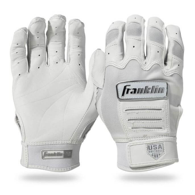 Franklin CFX FP Series batting gloves in white and chrome for female players, designed for comfort and performance.