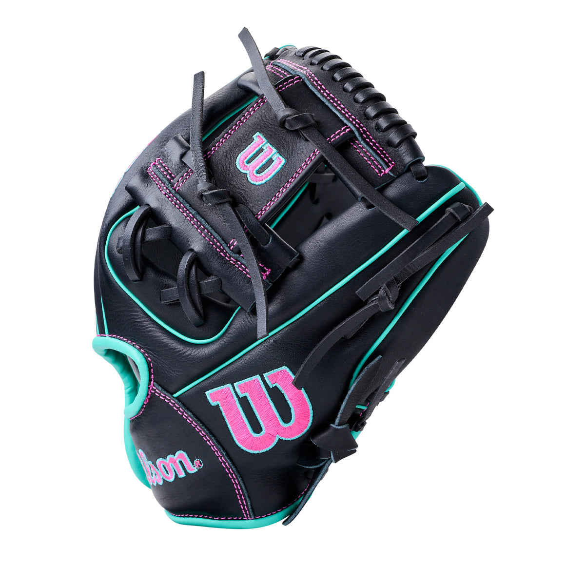 Wilson 2027 A700 11.25” Infield Baseball Glove, youth infield glove, soft full grain leather, designed for smaller hands, black and teal
