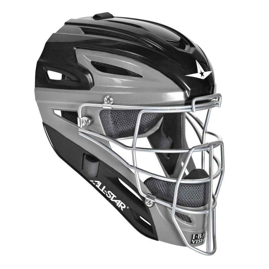 All-Star S7 catching helmet in graphite two-tone, designed for youth to college, with moisture-wicking liner and impact-resistant shell.