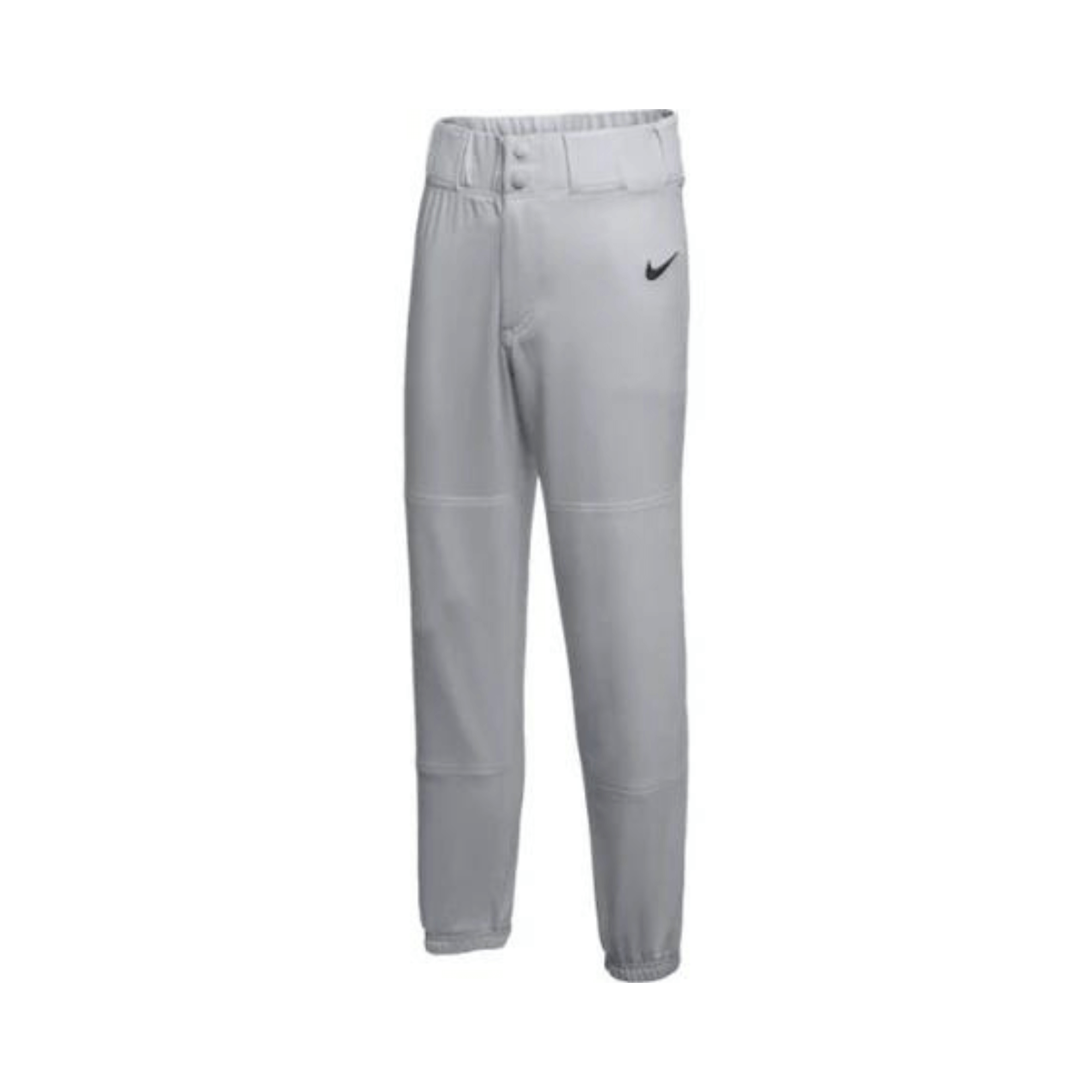 Nike Youth Stock Core Pant in gray, featuring elastic waist, metal snaps, and zipper, designed for baseball performance.