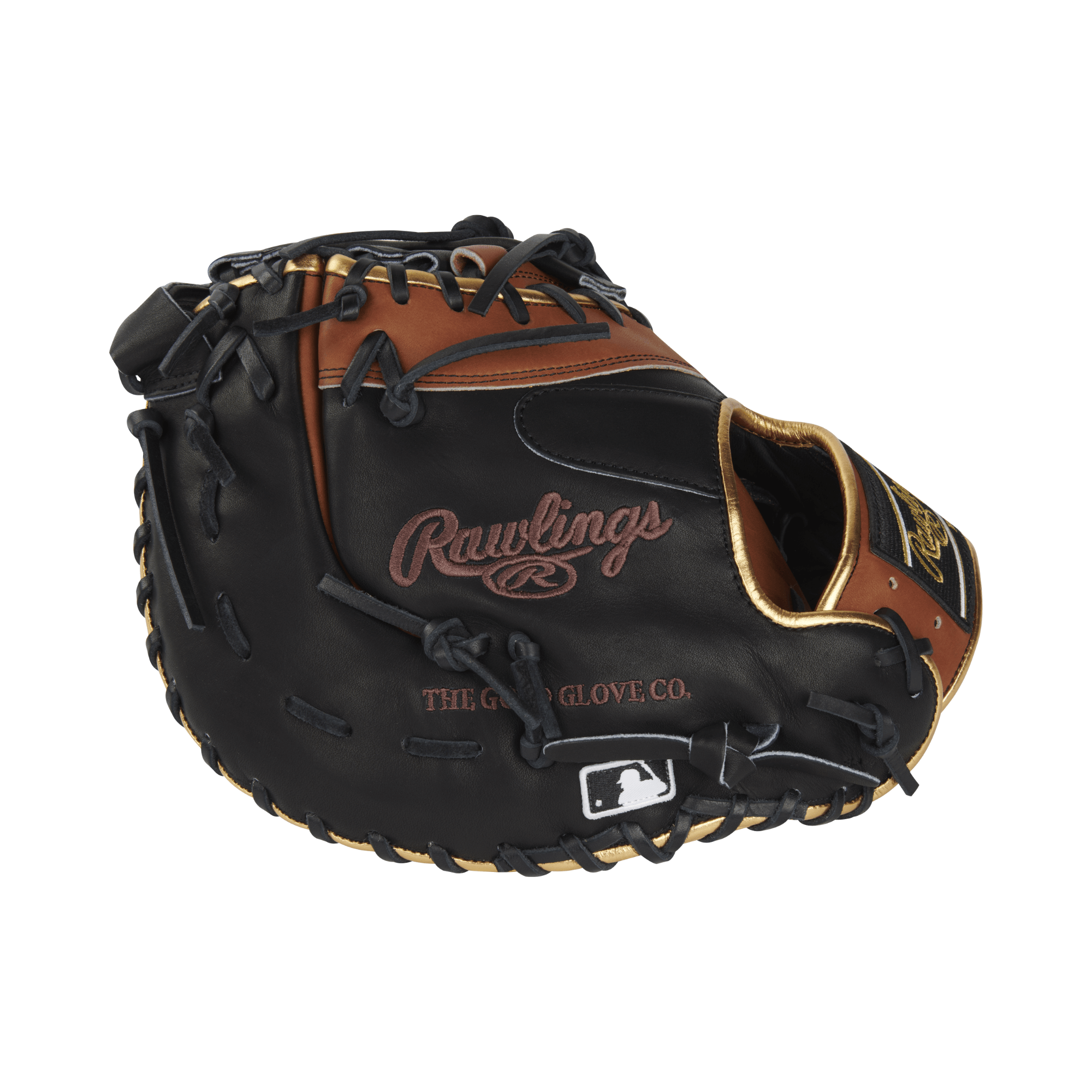 Rawlings Heart Of The Hide Color Sync 8.0 13" left-hand throw first base mitt in black and brown with gold accents.