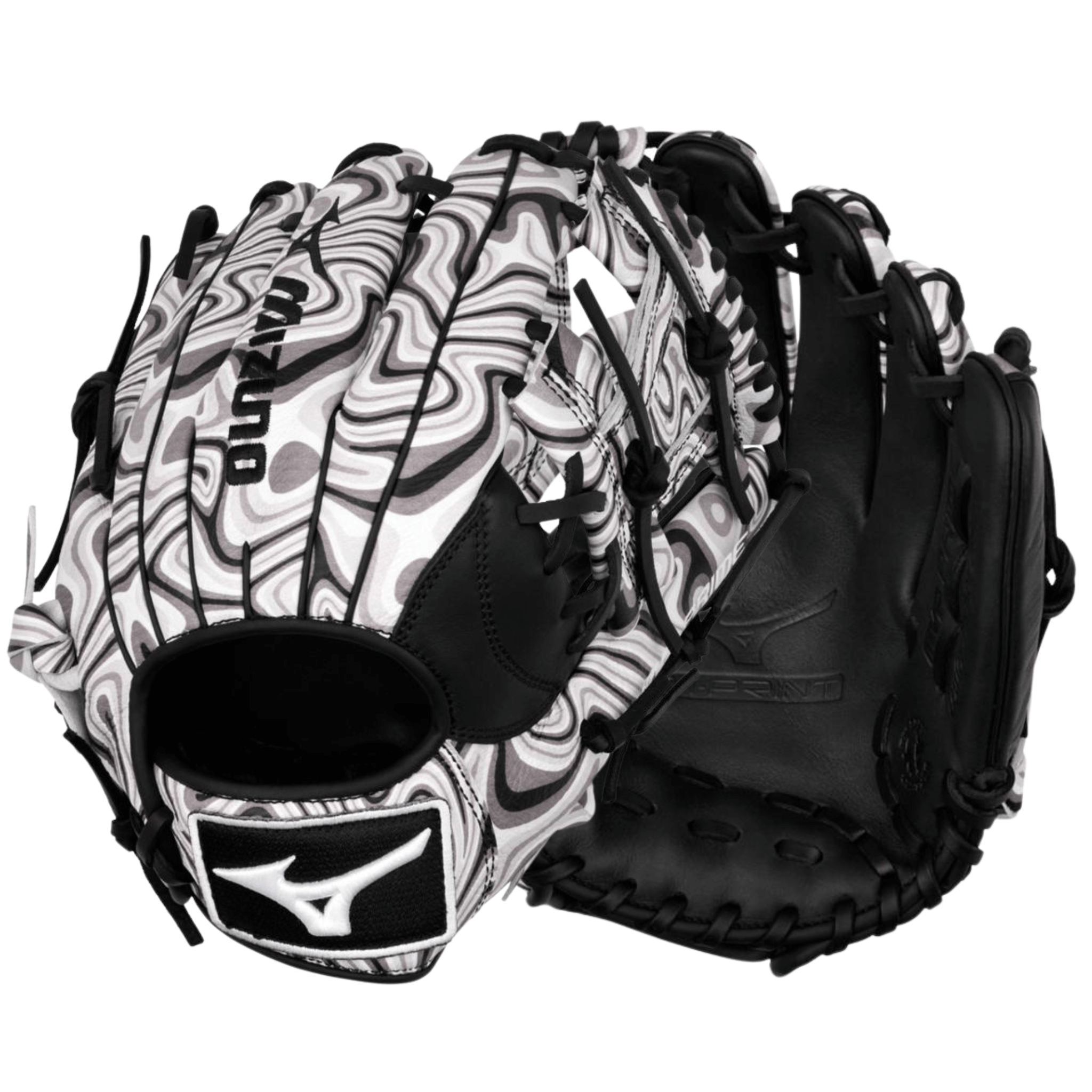Mizuno MVP Prime M-Print 11.5" Oil Slick infield glove front and back view with full grain leather and Center Pocket design