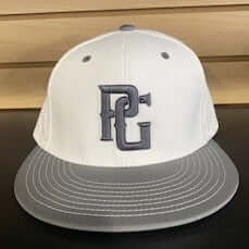 Perfect Game Fitted Flat Bill Cap in white and grey, showcasing a sleek design with logo on the front.