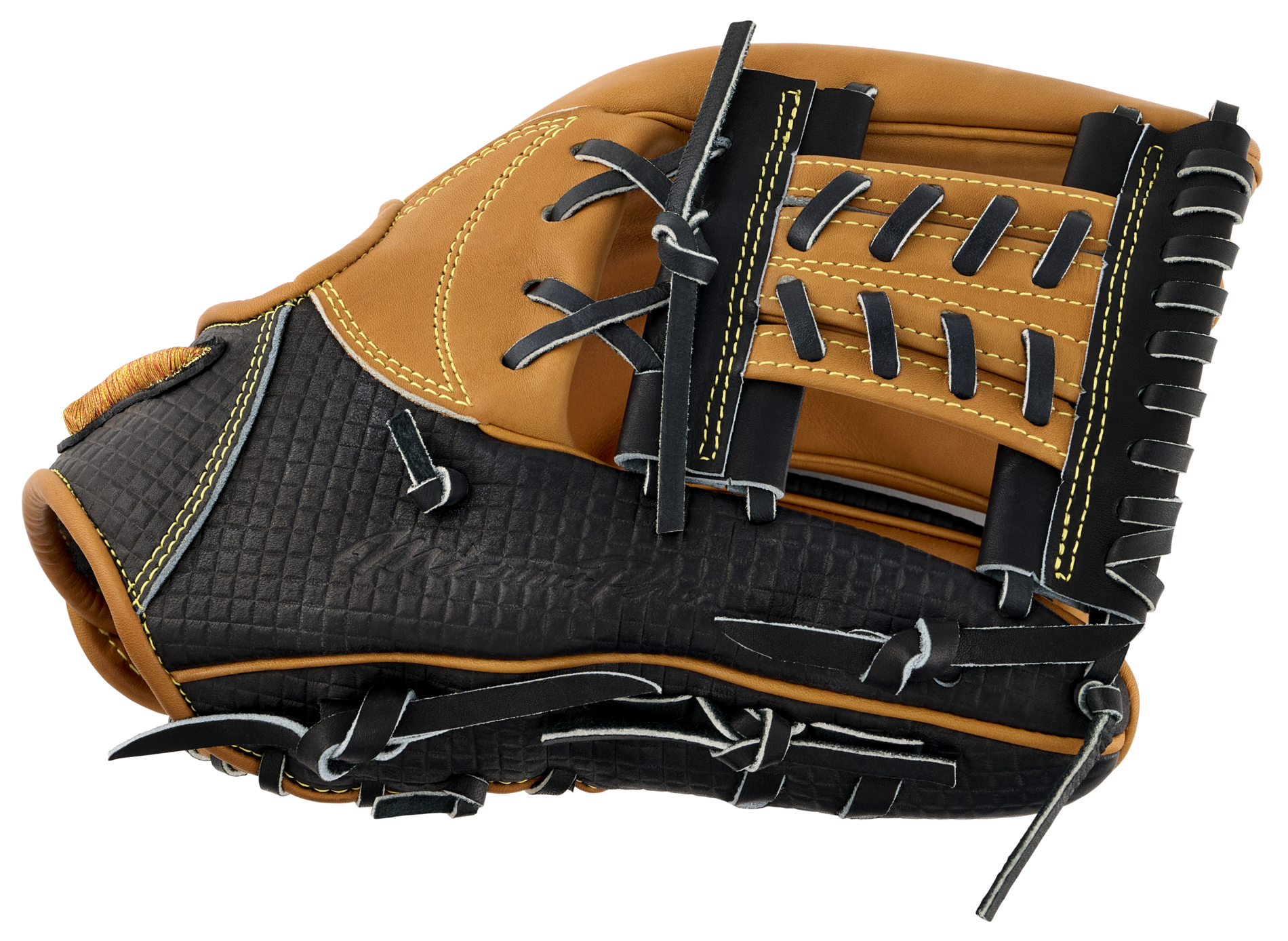 View of left side and black Deguchi thumb on Mizuno Pro Haga Shogun Glove