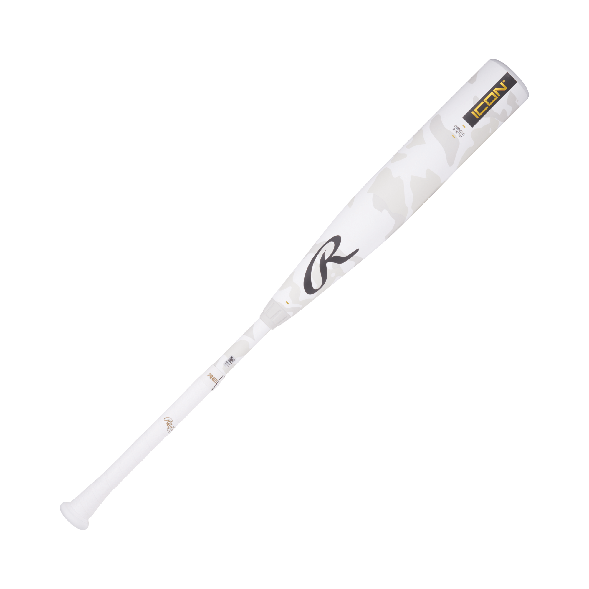 2025 Rawlings Icon -8 USSSA youth baseball bat with a sleek white and camo design, featuring In/Tense carbon composite technology.