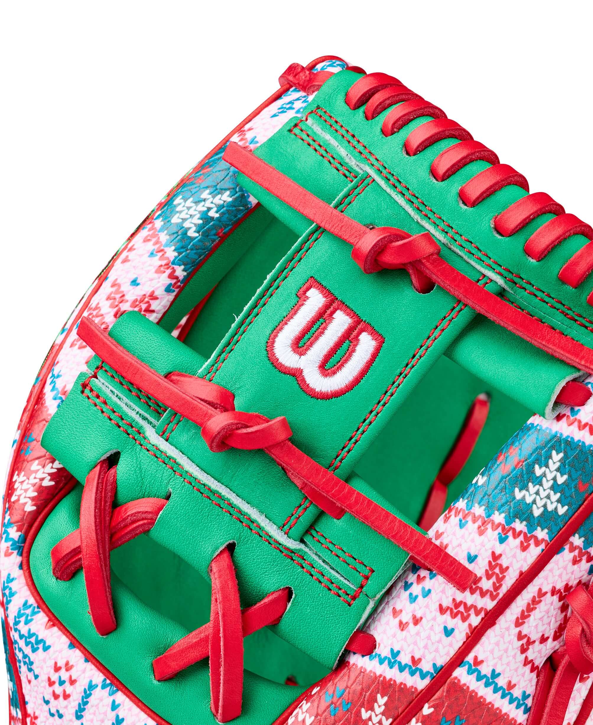 H-Web of Wilson Glove of the Month (GOTM) December 2025 A2000 1975 Christmas 11.75" Baseball Glove showing festive red lacing and snowflake knit print.