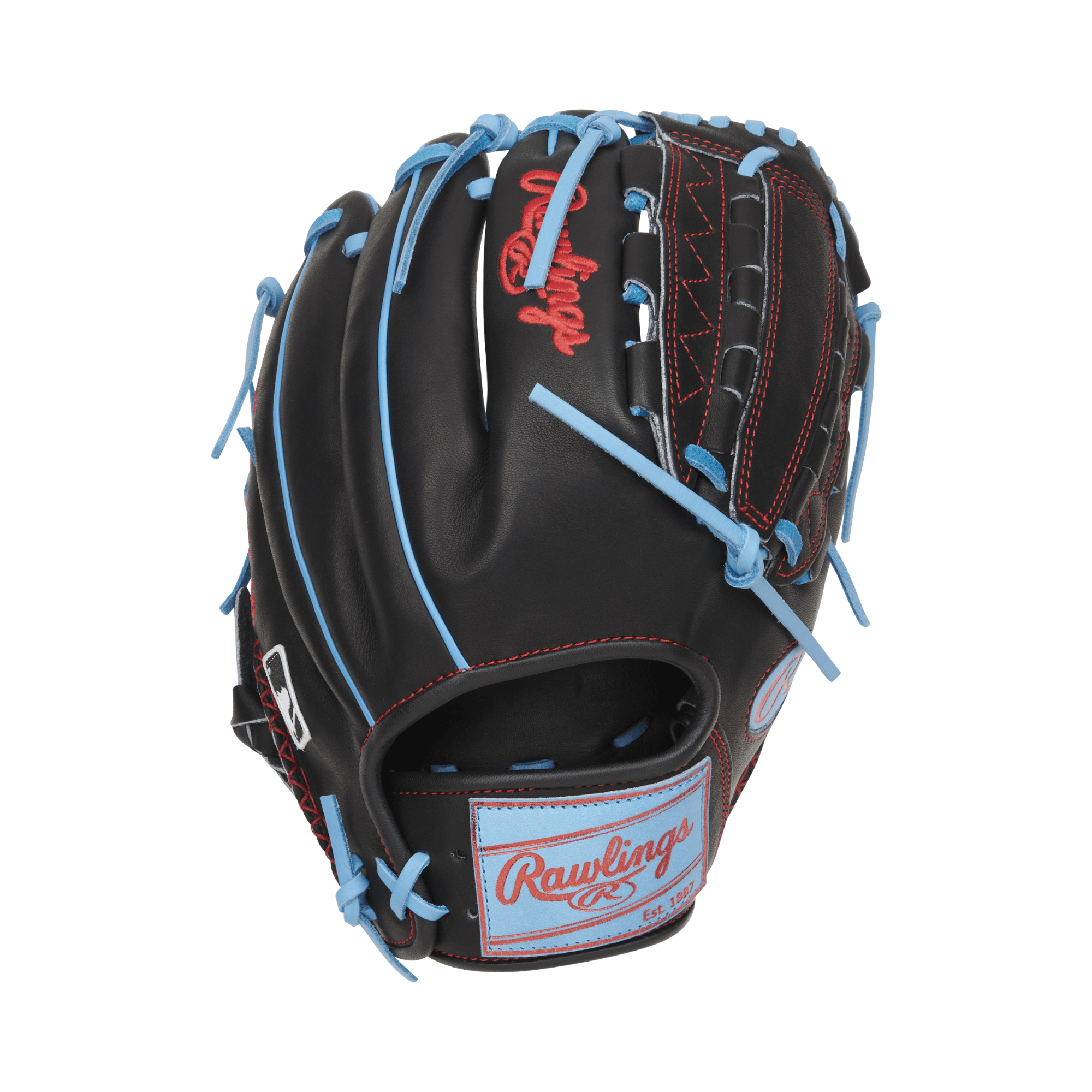Rawlings Heart Of the Hide Color Sync 8.0 Baseball Glove in black with light blue accents, 11.75" size for infield/pitchers.